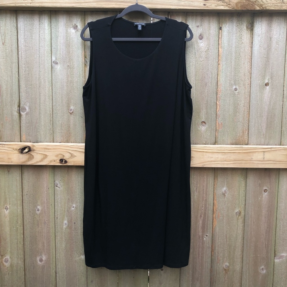 Eileen Fisher Wrap Front Dress Size L Black Viscose Stretch Boat Neck Minimalist